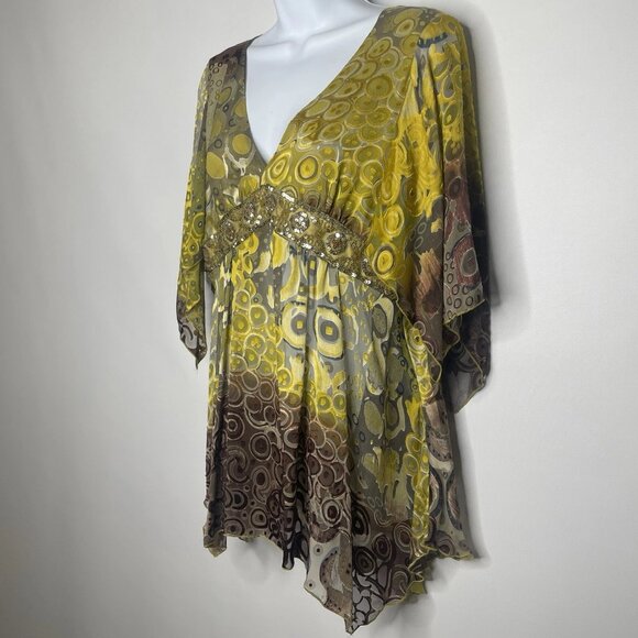 Vintage Y2K Anna Paul Silk Blouse Size M Green Gold Embroidery Sequins Maternity - Picture 7 of 8